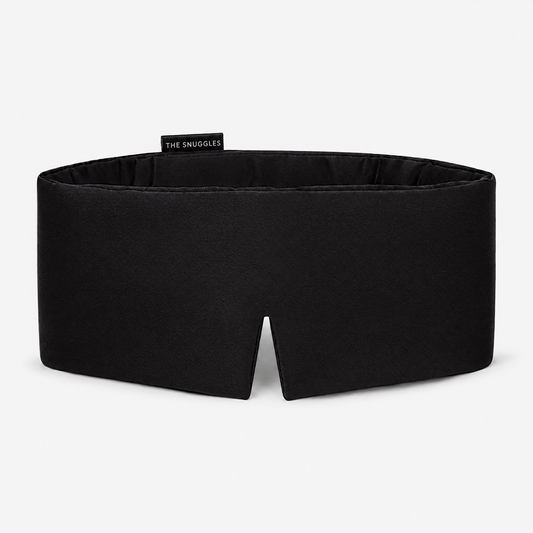 The Snuggles Silky Sleep Mask in black mulberry silk, front view