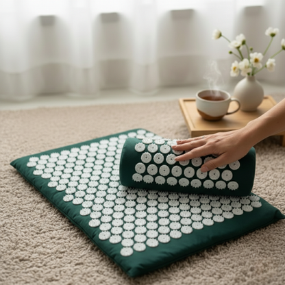 Tension Relief Mat by The Snuggles, green acupressure mat and pillow
