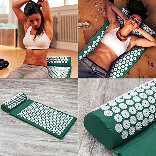 Women using the green Tension Relief Mat acupressure mat