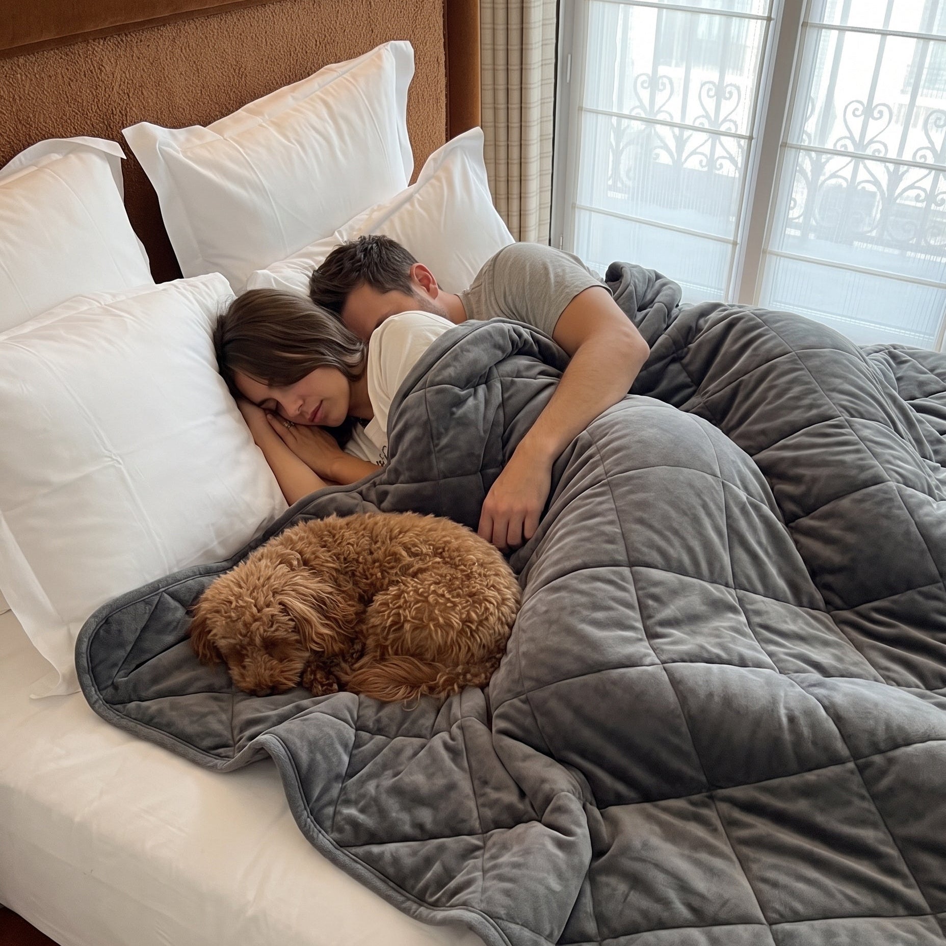 Couple and dog sleeping under a grey quilted Weighted Blanket in bed