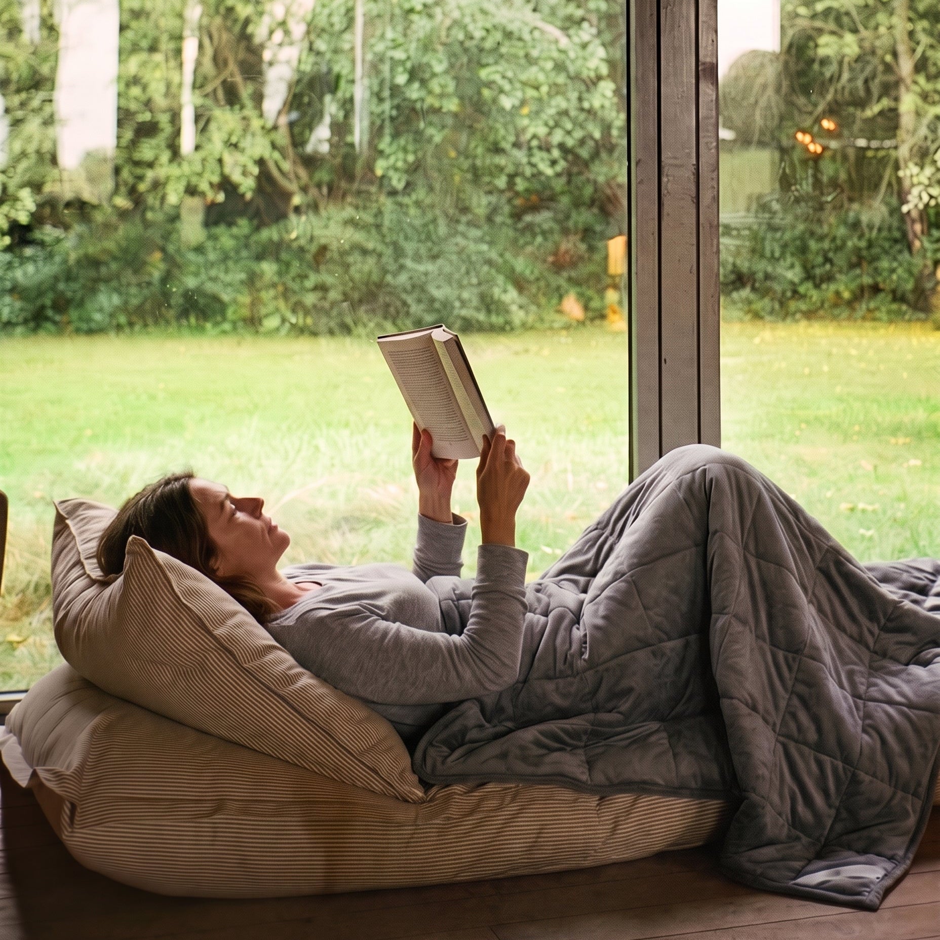 Woman reading by a window under a grey Weighted Blanket by The Snuggles