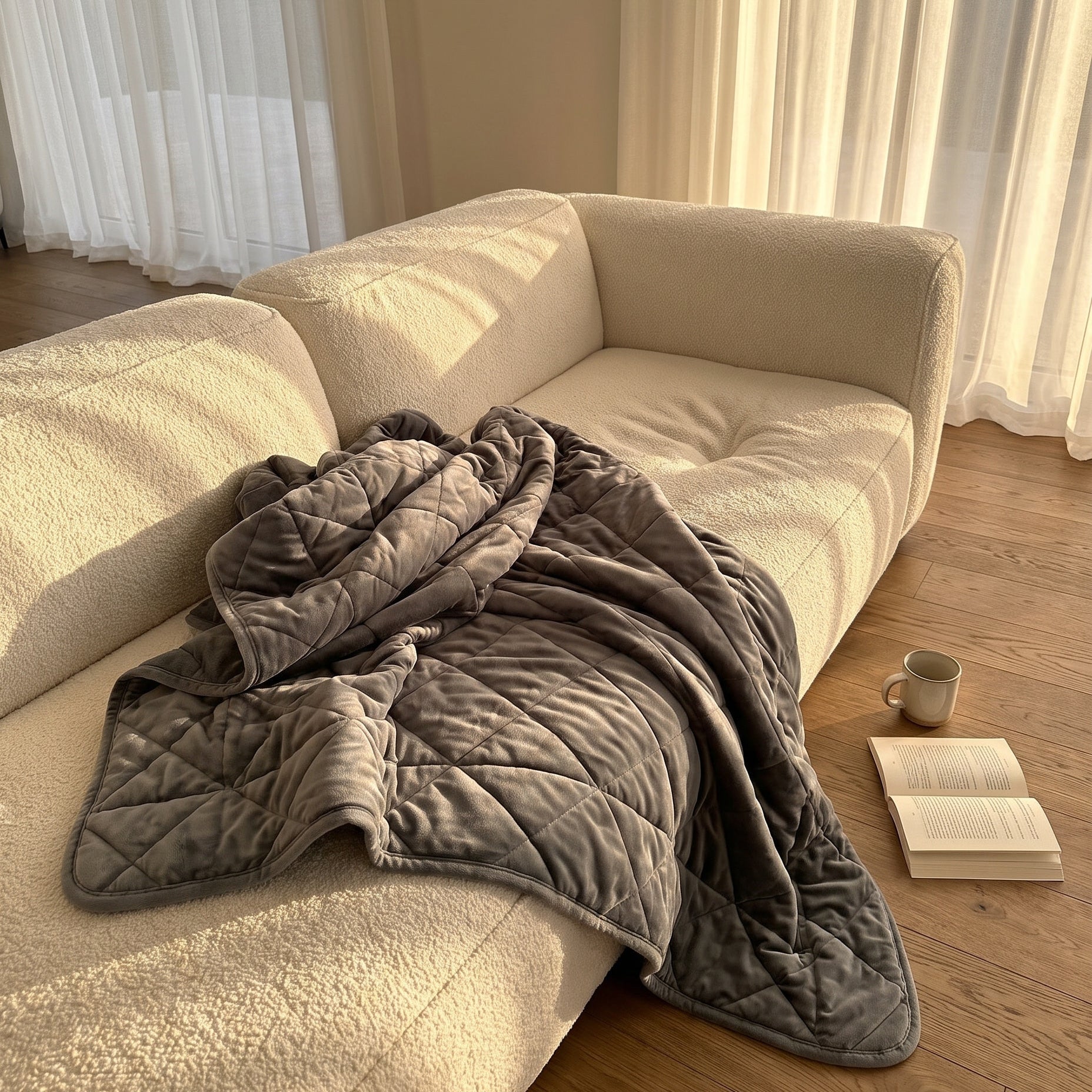Grey quilted Weighted Blanket by The Snuggles draped over a cream sofa